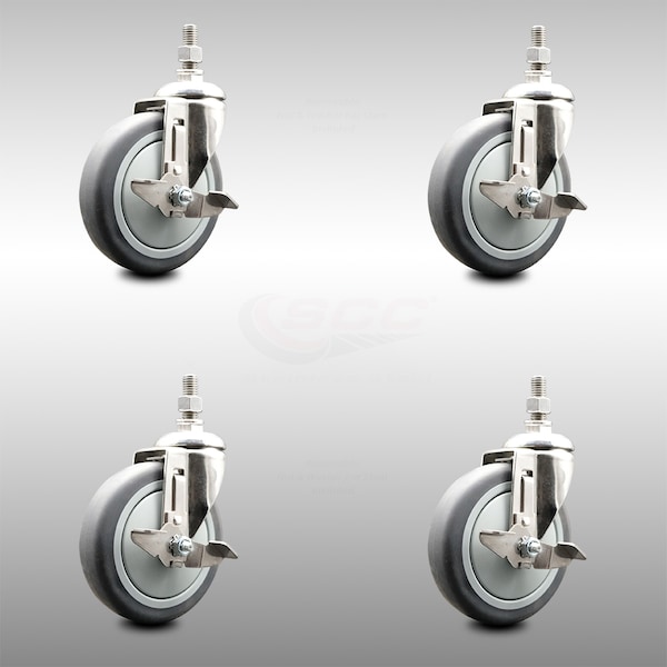 Service Caster 5 Inch 316SS Thermoplastic Rubber Swivel 1/2 Inch Threaded Stem Caster Set Brake SCC-SS316TS20S514-TPRB-TLB-121315-4 - main
